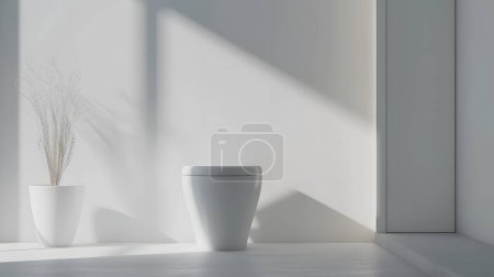 Weiße Toilettenschüssel steht in modernem Badezimmerinnenraum mit weißem