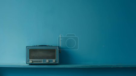 Vintage radio on blue shelf in blue wall background