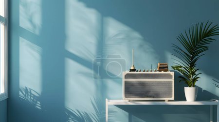 Retro radio on a shelf in blue room