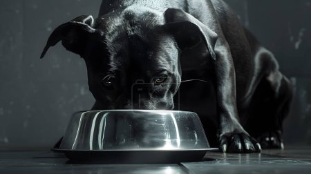 Pitbull-Hund frisst Futter aus einer Schüssel isoliert auf schwarzem Hintergrund