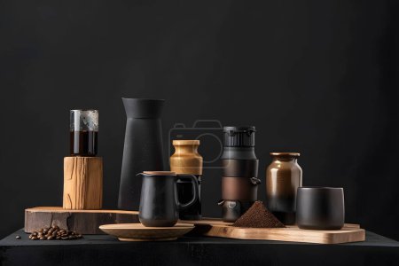 Various types of coffee on a black background. Coffee shop conce