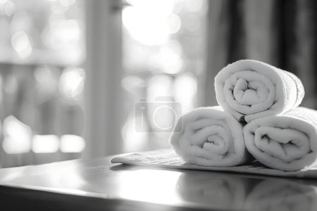 Weiße Handtücher auf dem Tisch im Hotelzimmer