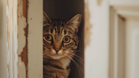 Niedliche gestromte Katze guckt aus der Tür. Selektiver Fokus