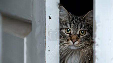 Tabby cat looking through the window inside house