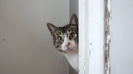 Close up niedlich gestromte Kätzchen guckt aus der Tür