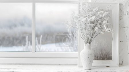 Vase blanc avec des fleurs sèches sur le rebord de la fenêtre en hiver