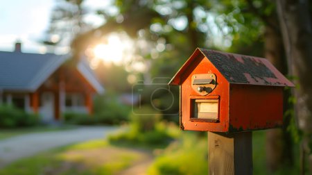 Briefkasten im Garten bei Sonnenuntergang. Selektiver Fokus auf Briefkasten