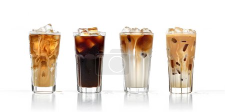 Ice coffee in a tall glass isolated on white background with cli