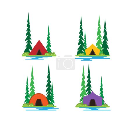 Un conjunto de sitios para acampar en el bosque con tiendas de campaña de estilo plano. Vacaciones de verano y naturaleza senderismo concepto vector