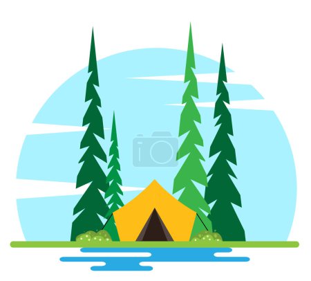 Téléchargez les illustrations : Camping avec une tente de style plat. Vacances d'été et nature concept de randonnée vecteur - en licence libre de droit