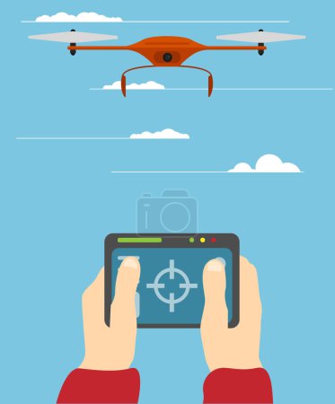 Operando un dron usando control remoto. Tecnología y filmación concepto vector