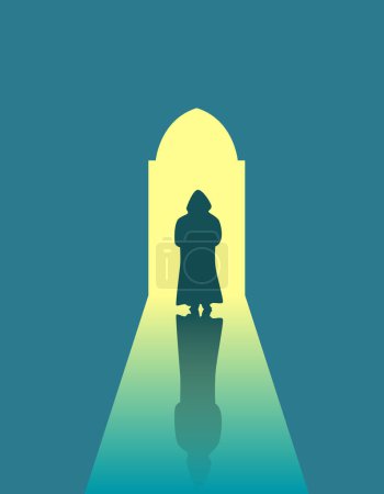 Téléchargez les illustrations : Silhouette d'un moine dans l'église. Religion et foi concept art vectoriel - en licence libre de droit