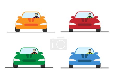 Illustration for Cars Front View Different Colors Set Flat Style. Driving and vehicles concept vector art - Royalty Free Image