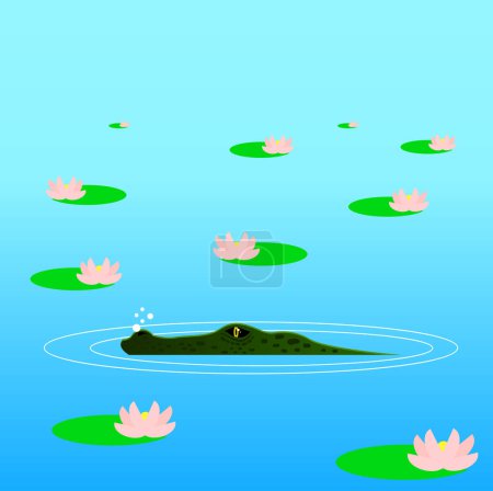 Krokodil versteckt sich im Hinterhalt im Wasser zwischen Lilien. Natur und Tiere Konzept Vektorkunst