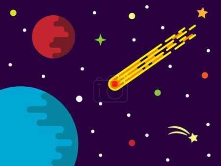 Illustration for Comet Flying towards Planet Flat Design. Space exploration concept vector art - Royalty Free Image