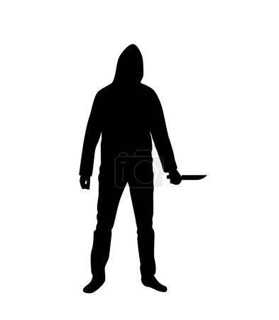 Verbrecher im Kapuzenpulli mit Messer-Silhouette. Vektor für Verbrechen und Gefährdung