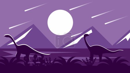 Dinosaurs in Prehistoric Jurassic Park Flat Night Landscape. Nature and history concept vector