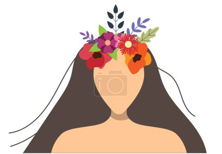 Téléchargez les illustrations : Femme avec des fleurs dans les cheveux. Nature et beauté concept art vectoriel - en licence libre de droit