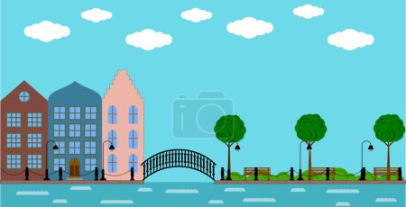 Illustration for European Old Town with Bridge on the River and Park in Summer. Cities culture and history concept vector art - Royalty Free Image
