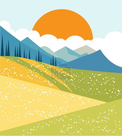 Téléchargez les illustrations : Illustration des montagnes en fleurs ensoleillées d'été. Nature et paysages concept art vectoriel - en licence libre de droit