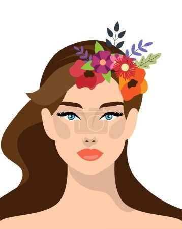 Gesicht der schönen Frau mit Blumen im Haar. Menschen und Mode Konzeptvektor