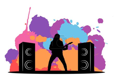 Illustration for Guitarist Silhouette with Speakers and Splash Ink Brushes. Playing music and art concept vector - Royalty Free Image