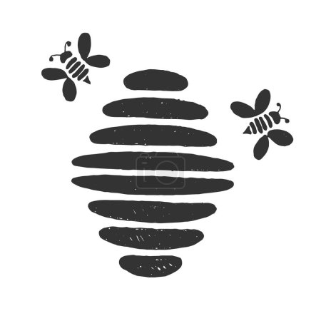 Hand Drawn Beehive with Bees Black and White. Nature and insects concept vector art