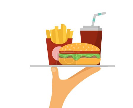 Hand Holding Fast Food on Platter. Eating and restaurant concept vector