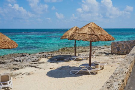 Téléchargez les photos : Parapluies de plage en paille sur les rives de la mer des Caraïbes au Mexique - en image libre de droit