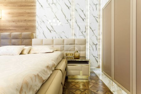 Photo for Luxury bedroom interior with parquet and marble walls - Royalty Free Image