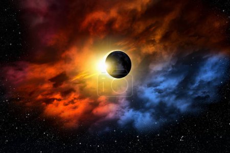Téléchargez les photos : Éclipse solaire totale dans les nuages, l'atmosphère. éclipse du soleil, beau phénomène de la nature - en image libre de droit