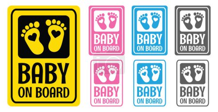 Photo for Baby on board slogan with 7 different color variations. Wife or mother is pregnant. Flat vector baby quote. Heart sign in the middle of the baby footprint. - Royalty Free Image