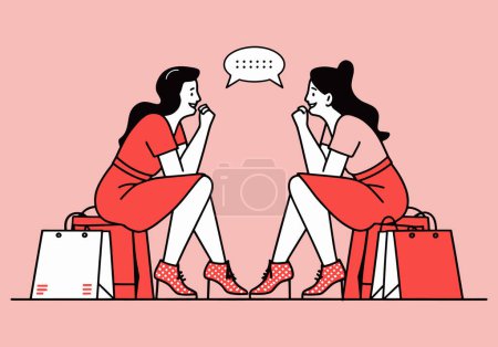 Two girls sitting with some shopping bags and gossiping. A clean and modern flat design illustration.