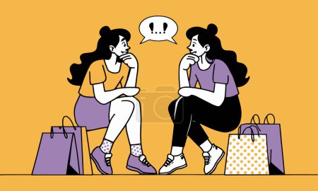 Two girls sitting with some shopping bags and gossiping. A clean and modern flat design illustration.