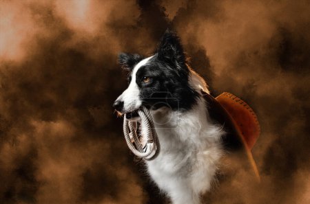 Foto de Collie perro fronterizo en la imagen de una foto de vaquero sobre un fondo negro - Imagen libre de derechos