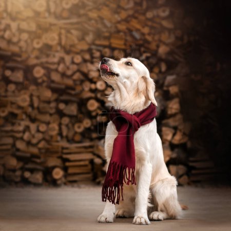 Téléchargez les photos : Golden retriever chien mignon automne photo d'un animal de compagnie dans une écharpe - en image libre de droit