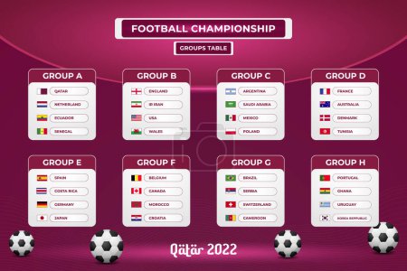 Téléchargez les illustrations : Modèle de tableau de groupes de championnat du monde de football sur fond abstrait dégradé rouge - en licence libre de droit
