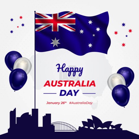 Foto de Feliz Día de Australia 26 de enero ondeando bandera y globo ilustración fondo diseño - Imagen libre de derechos