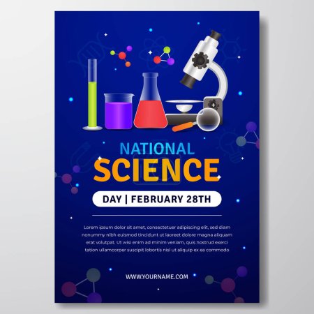 Foto de Día Nacional de la Ciencia 28 de febrero con ilustración de equipos de laboratorio sobre fondo azul del espacio nocturno - Imagen libre de derechos