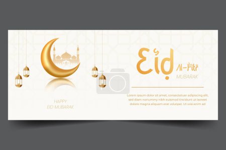 Téléchargez les illustrations : Eid al fitr moubarak bannière horizontale avec lanterne lunaire et illustration de mosquée sur fond propre - en licence libre de droit