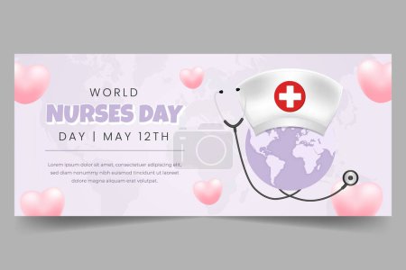 Téléchargez les illustrations : Journée mondiale des infirmières 12 mai illustration de bannière horizontale avec stéthoscope chapeau et globe - en licence libre de droit