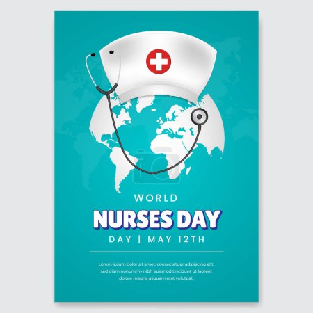 World Nurses Day May 12th flyer design with hat stethoscope and globe illustration on blue background