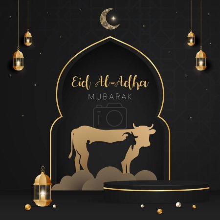 Téléchargez les illustrations : Bannière de célébration Happy Eid Al Adha Moubarak avec effet de coupe de papier de vache et de chèvre sur fond de couleur nocturne - en licence libre de droit
