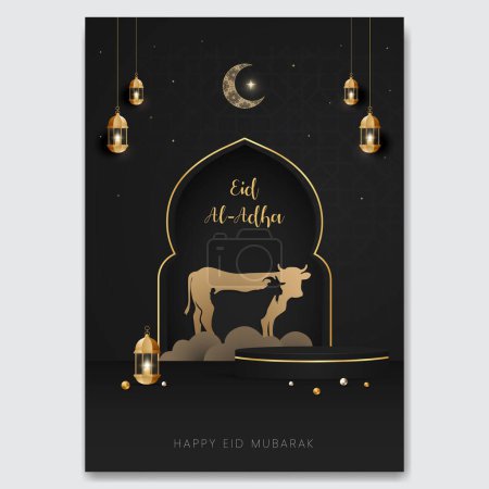 Téléchargez les illustrations : Joyeux Aïd Al Adha Moubarak célébration avec vache et chèvre papier découpé effet bannière design - en licence libre de droit