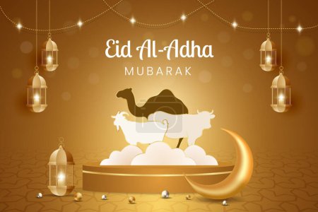 Téléchargez les illustrations : Célébration de l'Aïd al Adha Moubarak avec motif de bannière d'illustration de vache chameau et chèvre - en licence libre de droit