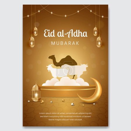 Téléchargez les illustrations : Célébration de l'Aïd al Adha Moubarak avec vaches chameaux et chèvres illustration flyer design - en licence libre de droit