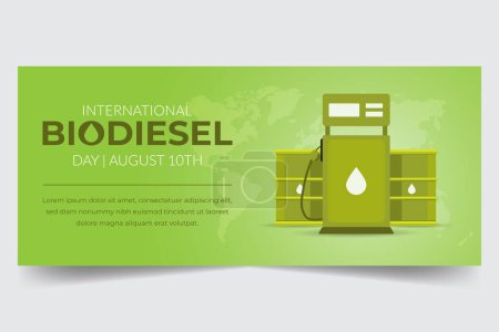 Téléchargez les illustrations : Journée internationale du biodiesel 10 août bannière horizontale avec pompe à carburant et barils ton vert illustration - en licence libre de droit