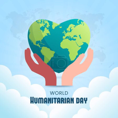 Bannière de la Journée mondiale de l'aide humanitaire avec plusieurs mains ethniques et illustration de globe en forme de c?ur