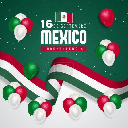 Foto de Feliz Día de la Independencia de México 16 de septiembre con globos de bandera confeti e ilustración de cinta - Imagen libre de derechos