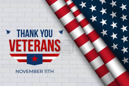Día de los Veteranos de Estados Unidos 11 de noviembre con epaulettes e ilustración de la bandera en el fondo de la pared de ladrillos